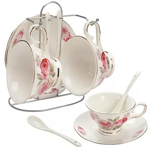 Porcelain Tea Cup and Saucer Coffee Cup Set with Saucer and Spoon, Set of 7