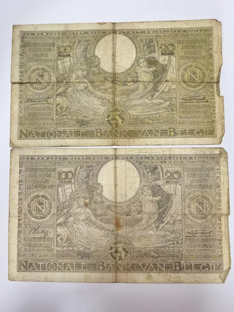 Lot 2 billets banque 100 et 20 francs Belges Belgique 1934/37. Ref75243