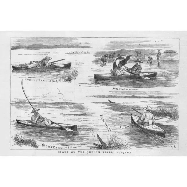INDIA Sport of the Jhelum River Punjab - Antique Print 1881