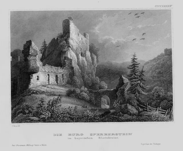 1840 - Burg Sperberstein Ruine Rheinkreis Bayern Bavaria Original Stahlstich