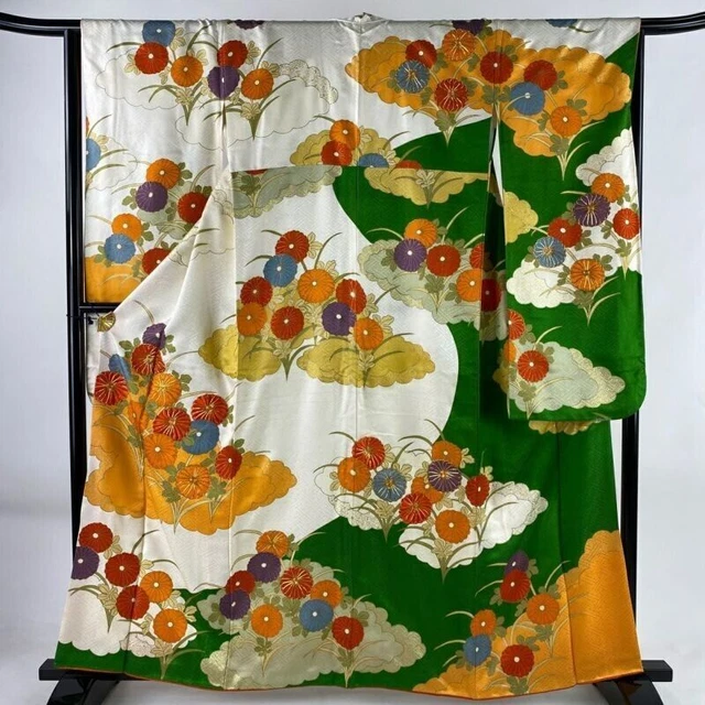 Japanischer Kimono Furisode, mit reiner Seide gefüttert, Chrysantheme,...