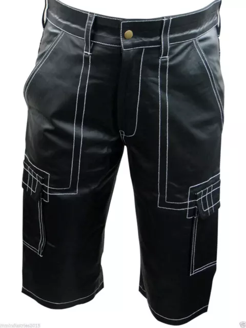 Uomo Nero Pelle Bermuda Originale pelle D'Agnello Cargo Moda Pantaloni Corti