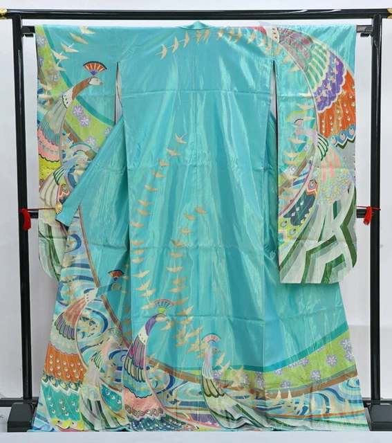 Japanese Silk Kimono Vintage Furisode Gold Green Crane Bird Glitter Flower 71in.