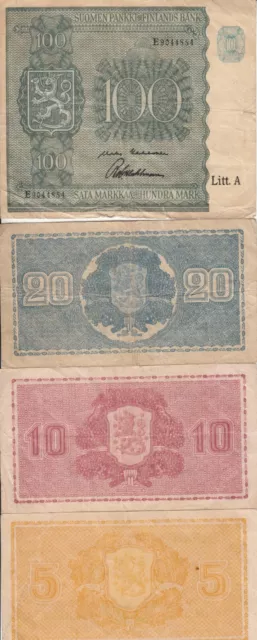 Finland 5/10/20/100 Markkaa Banknotes 1945