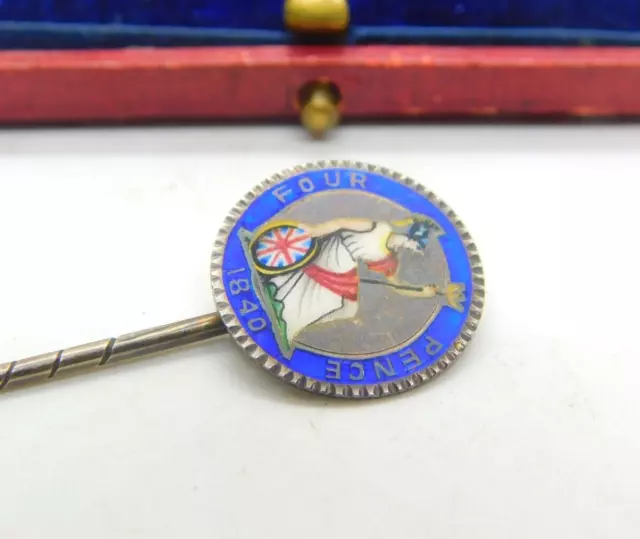 Queen Victoria Sterling Silver & Hand Enamelled Groat Four Pence Coin Stick Pin