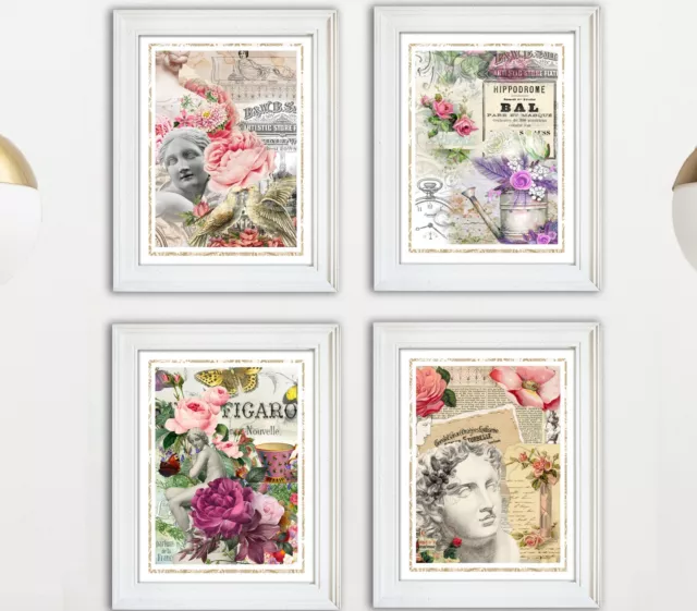 Shabby Chic French styled Art Prints/Unique/Floral/Pretty Pastels 4 Set wall Art 3