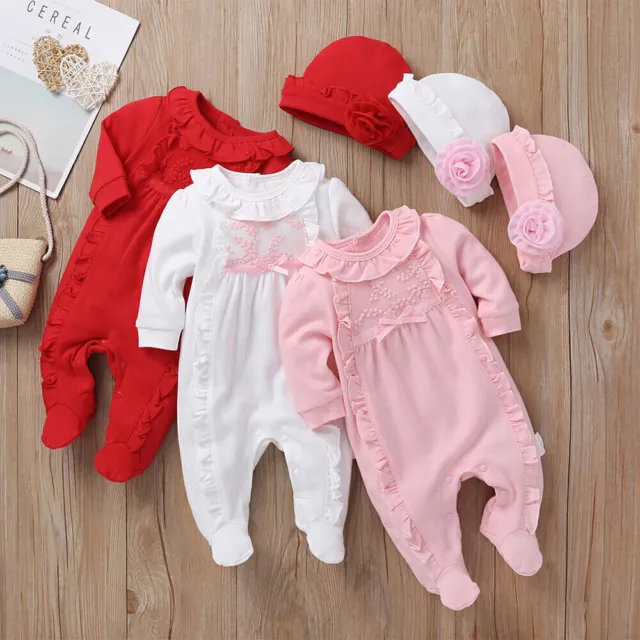 Newborn Baby Girls Ruffle Romper Jumpsuit Hat Clothes Set Bodysuit 2Pcs Outfits