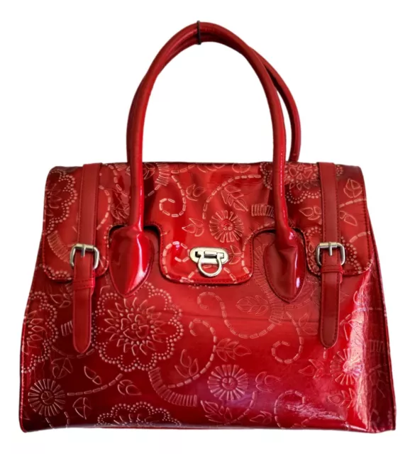 Women's Handbag Red Tooled Faux Leather Satchel Bag Shoulder Purse Classic
