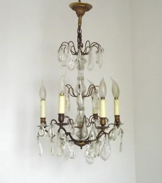 Beautiful French Vintage 6 Light Brass Glass And Crystal Tiered Chandelier 4640