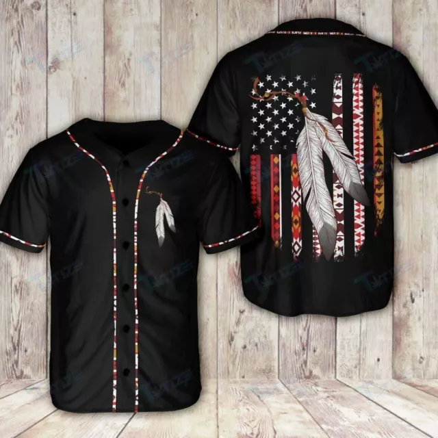 Proud Native American Flag Indian Feather Tribal Baseball Jersey Size S-5XL