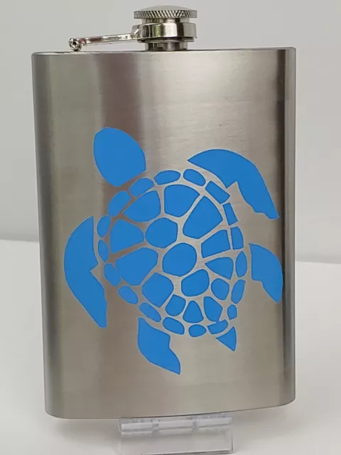 8oz Brushed STAINLESS STEEL FLASK w/ BLUE SEA TURTLE Decal - NEW in Box!