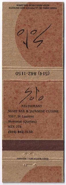Matchbook Cover Soto Restaurant Sushi Bar & Japanese Cuisine Montreal Quebec