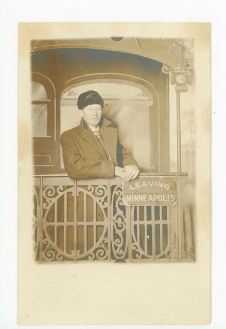 “Leaving Minneapolis” RPPC Caboose Train Studio Photo ca. 1910s