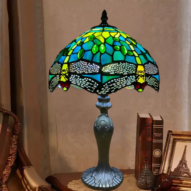 NICE Tiffany style stained glass table lamp 10 " Shade Dragonfly design UK Plug