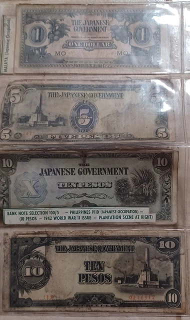 Vintage WWll Japanese Goverment Ten 10,Five 5,One 1 Dollars Pesos Money
