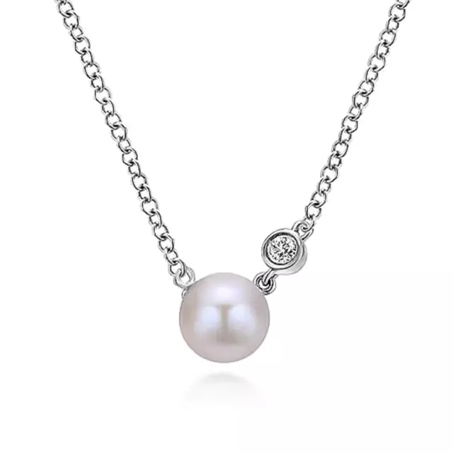 Sterling Silver Cultured Pearl and Pendant Diamond Necklace Se