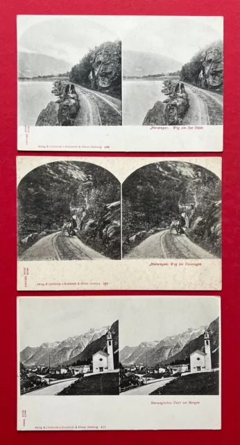 3 x Stereo AK NORWEGEN um 1900 Weg bei Vassvagen, Dorf bei Bergen ( 121517