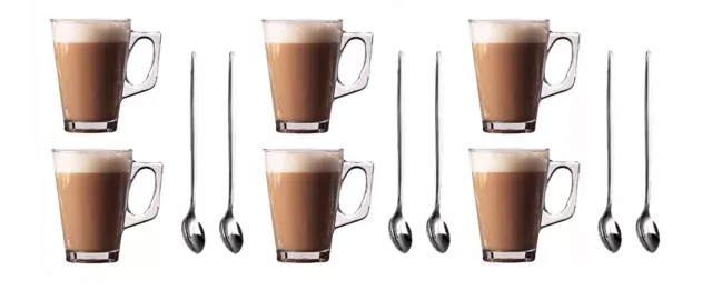 6 Latte Glasses Mugs 240ml + 6 Free Long Handle S/Steel Spoons Latte Coffee Tea 2