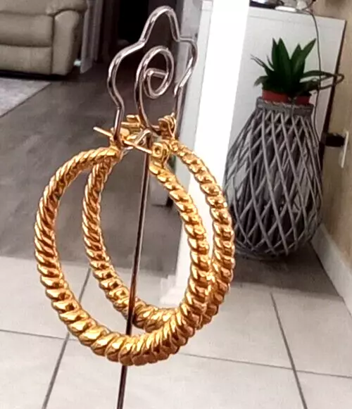 VTG 14K YELLOW gold hoop earrings, hollow rope design, pierced 1.5 ...