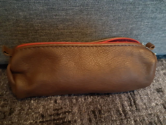 Federmäppchen, echtes Leder,braun, mit rotem Reißverschluss