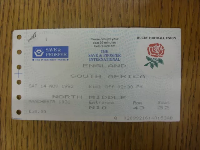 14/11/1992 Ticket: Rugby Union - England v South Africa [At Twickenham] (slight