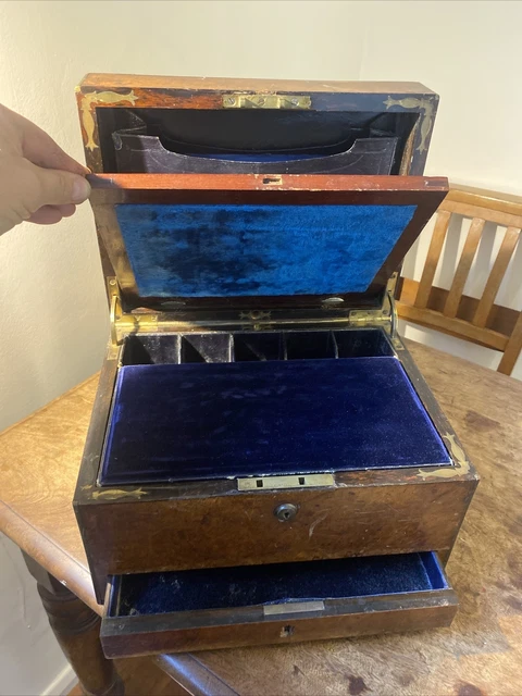 Caja de joyas de nogal rebaba victoriana S Morden & Co London Secret Mirror antiguo