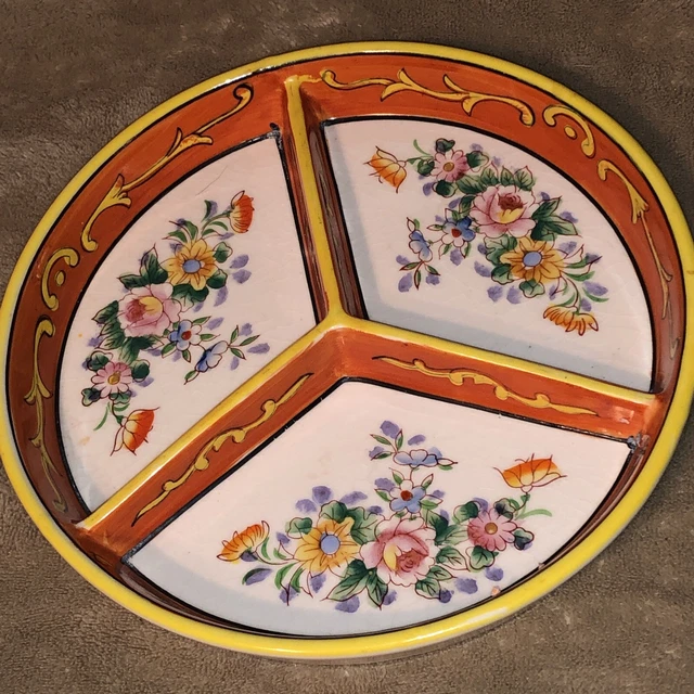 1920s Japanese Divided Dish Moriyama Mori-Machi Made in Japan Orange Floral 