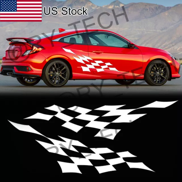 2x 4.9Ft White Sport Racing Checkered Flag Side Door Fender Stripe Decal Sticker