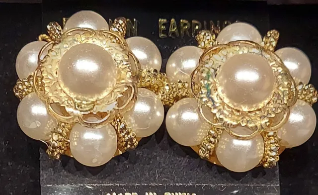 Large Faux Pearl & Gold Tone Clip On Earrings Vintage 1950's Style New Old Stock