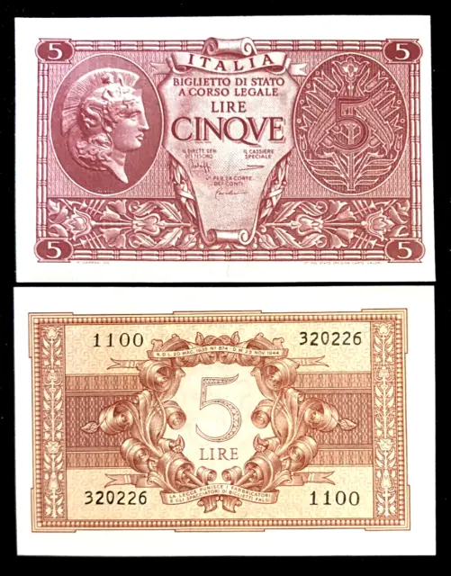 Italy 5 Lire P31 1944 Banknote World Paper Money UNC Currency