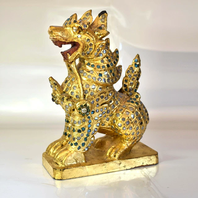 Early 20thC Burmese Gilt Wood Guardian Lion /Foo Dog "Chinthe" -Thayo Decoration 4