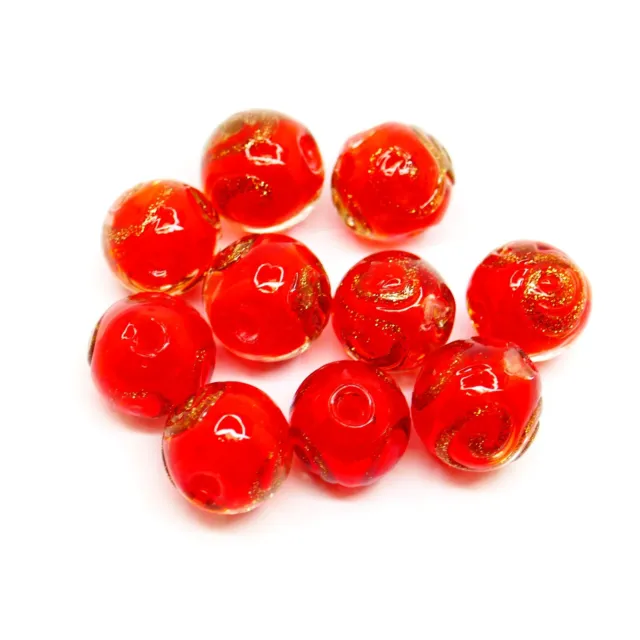 10 Handmade Lampwork Glass Beads - Translucent Red Gold Swirls - 10mm Dia P01631
