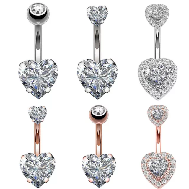 Heart Stainless Steel Belly Button Ring Crystal Piercing Navel Body Jewelry *UK*