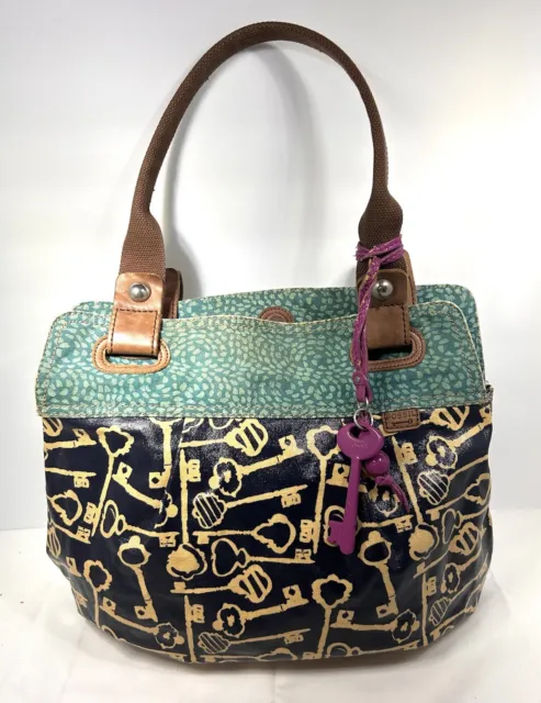 Fossil Key-Per Tote Shoulder Bag Teal Blue Navy Coated Purse Shopper