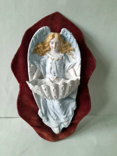 Antique 19c old Porcelain Bisque Holy Water Fountain Font Container holder Angel