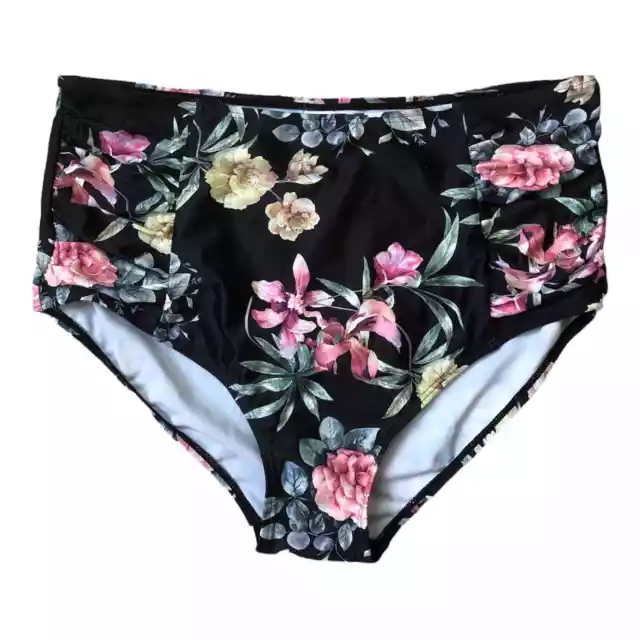 NEW Black Floral Bikini Bottom High Waist Women's Size Large