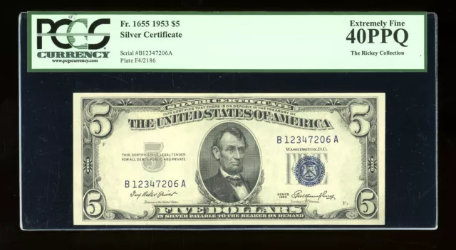 DBR $5 1953 Silver Fr. 1655 BA Block PCGS XF-40 PPQ Serial B12347206A