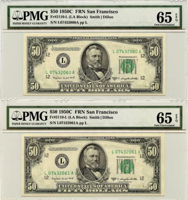 1950C $50 San Francisco, CA FRN Fr #2110-L PMG Gem UNC 65 EPQ Sequential Set