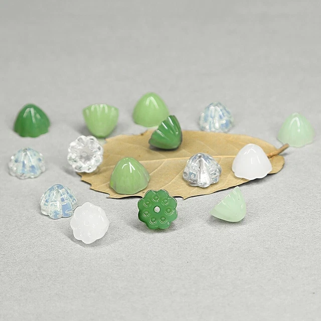 10Pcs/Lot White/Green Lotus Glass Beads DIY Jewelry Handmade Craft Necklace