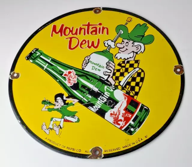 Vintage Mountain Dew Porcelain - Gas Pump Plate Sign - Soda Bottles Pepsi Sign