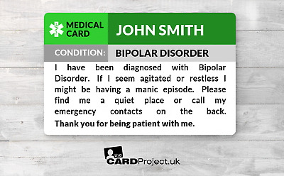Tarjeta de alerta de identificación médica para concientización sobre el trastorno bipolar