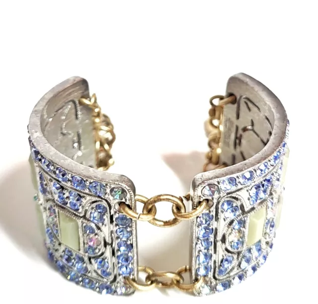 J.Crew Lulu Frost Art Deco Plate Cuff Bracelet Blue Czech Glass Vintage Gold 2