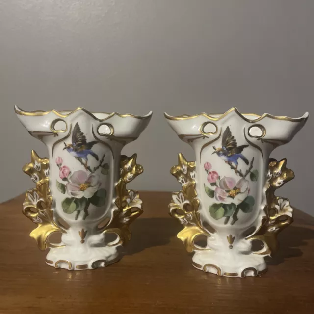 Vintage VA Portugal Porcelain Spill Vases Hand Painted Pair Flowers Birds