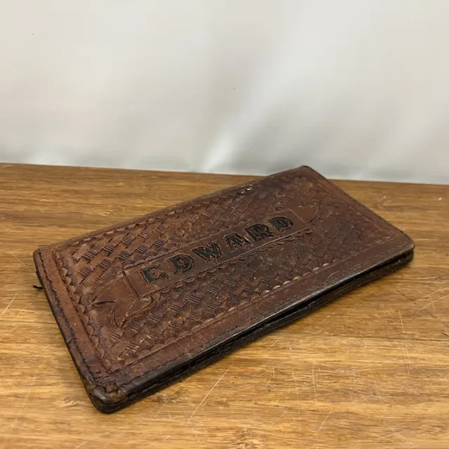 Vintage Hand Tooled Genuine Leather Wallet Basketweave Oak Leaf Acorn Edward 3
