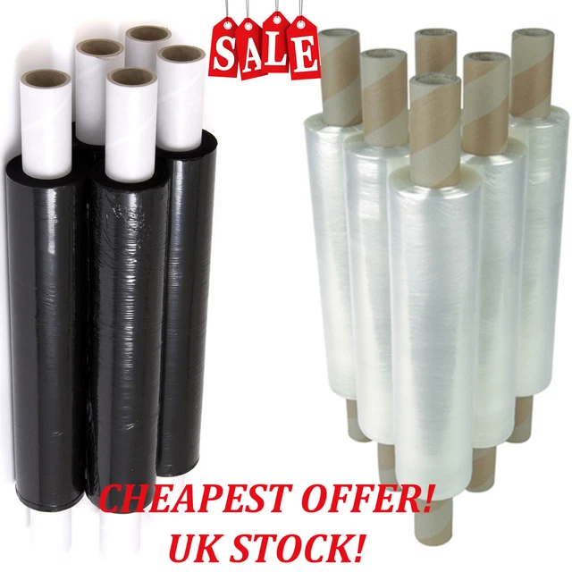 Stretch Hand Wrap With Black Spinning Handle – 3" & 5" Extended Core Shrink Film, Clear