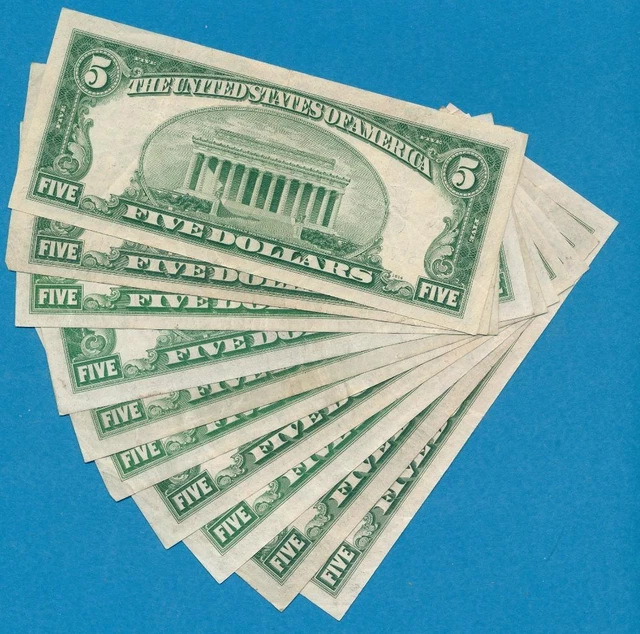 10-$5.00 1934 Mixed Series Blue Seal Silver Certificates Nice Vf+Xf Lot 3