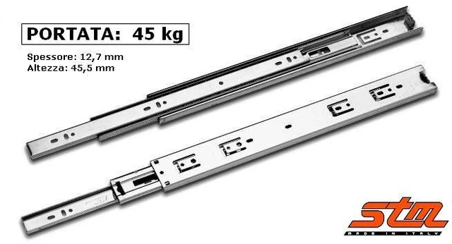 GUIDE SCORREVOLI a SFERE per CASSETTI Portata 45 kg Estrazione Totale Cuscinetti