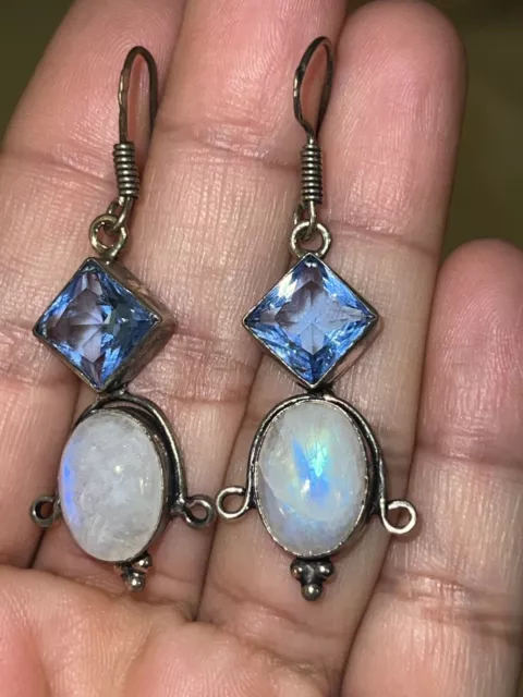 Vintage Sterling Silver Moonstone & Aquamarine Glass Drop Dangly EARRINGS 3