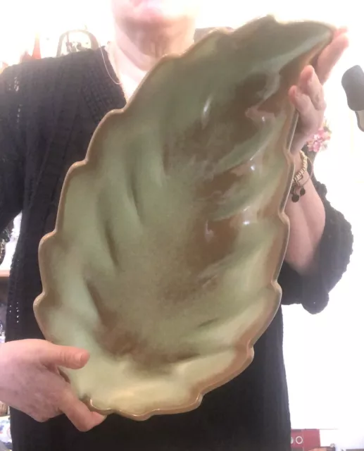 Huge Frankoma Pottery Prairie Green Leaf Tray Platter 18.5”x9.5”