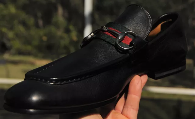 GUCCI man's Apron toe green red ribbon black leather Loafers shoes Size 10.5 D GUCCI man's Apron toe green red ribbon black leather Loafers shoes Size 10.5 D